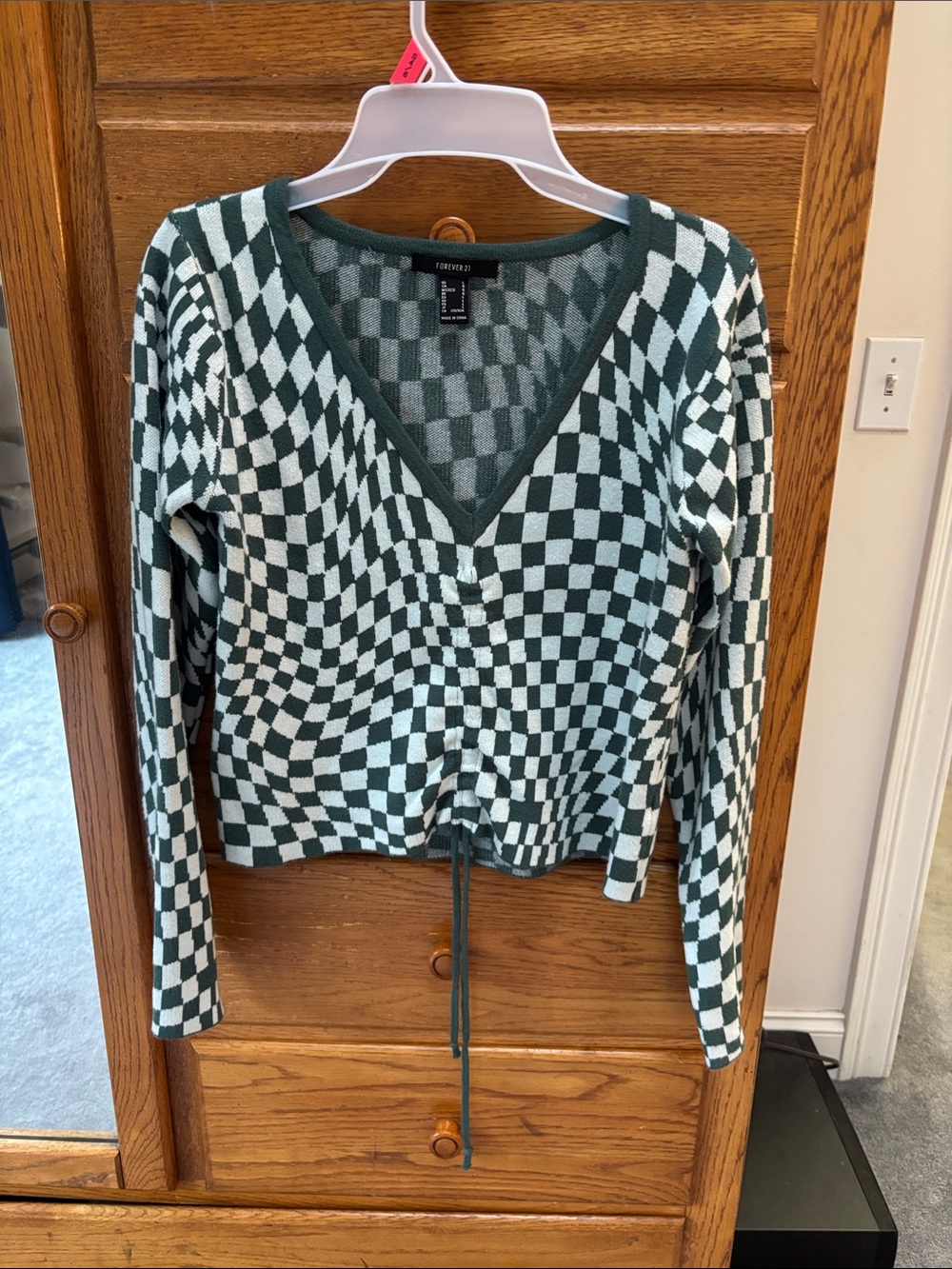 Forever 21 Green and White Checkerboard V-Neck Drawcord Sweater